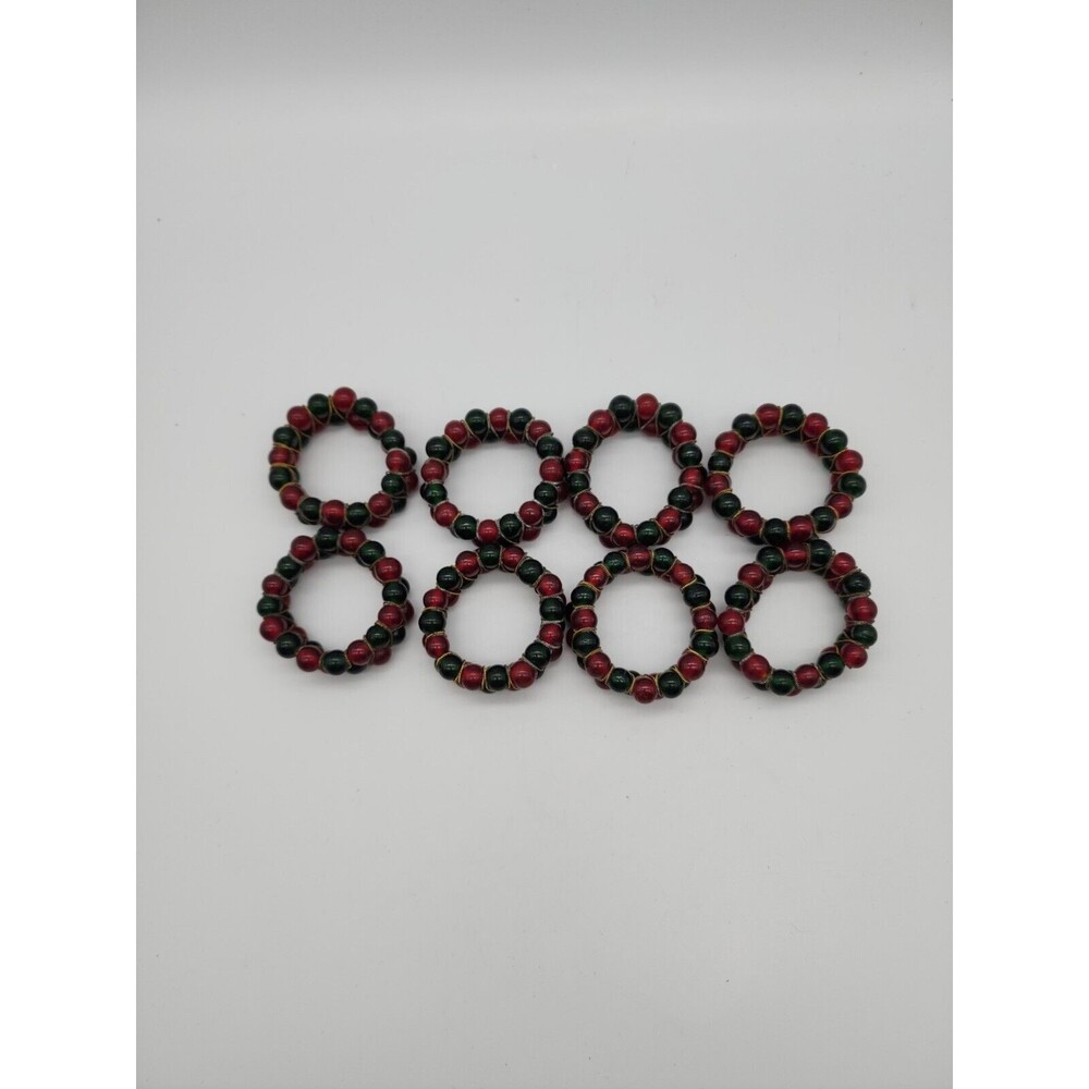 Kemp & Beatly set of 8 Christmas Red & Green Glass Beaded Napkin Ring Holders
